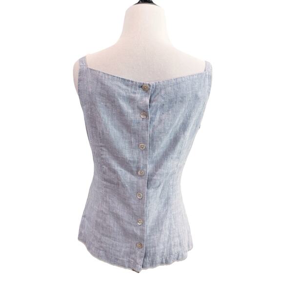 Vintage 90s Square Neck Tank Top Size 40 Large Blue 100% Linen Back Button Close - Picture 2 of 16